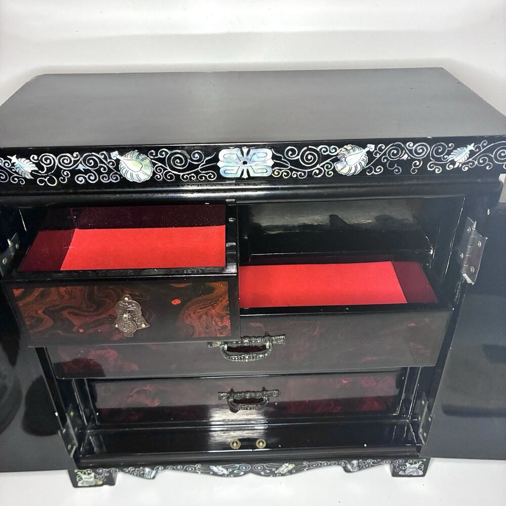 Vintage Chinese Mother of Pearl Inlay Jewelry Cabinet Lacquer Crane Box - Picture 8 of 16